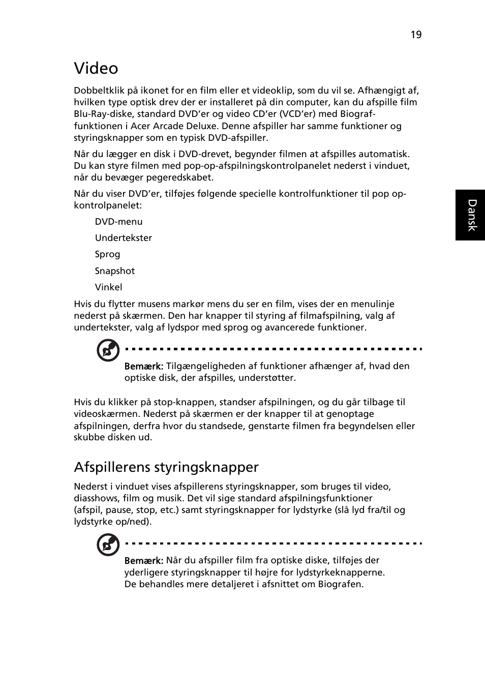 Video, Afspillerens styringsknapper | Acer Aspire 5745DG User Manual | Page 623 / 2217