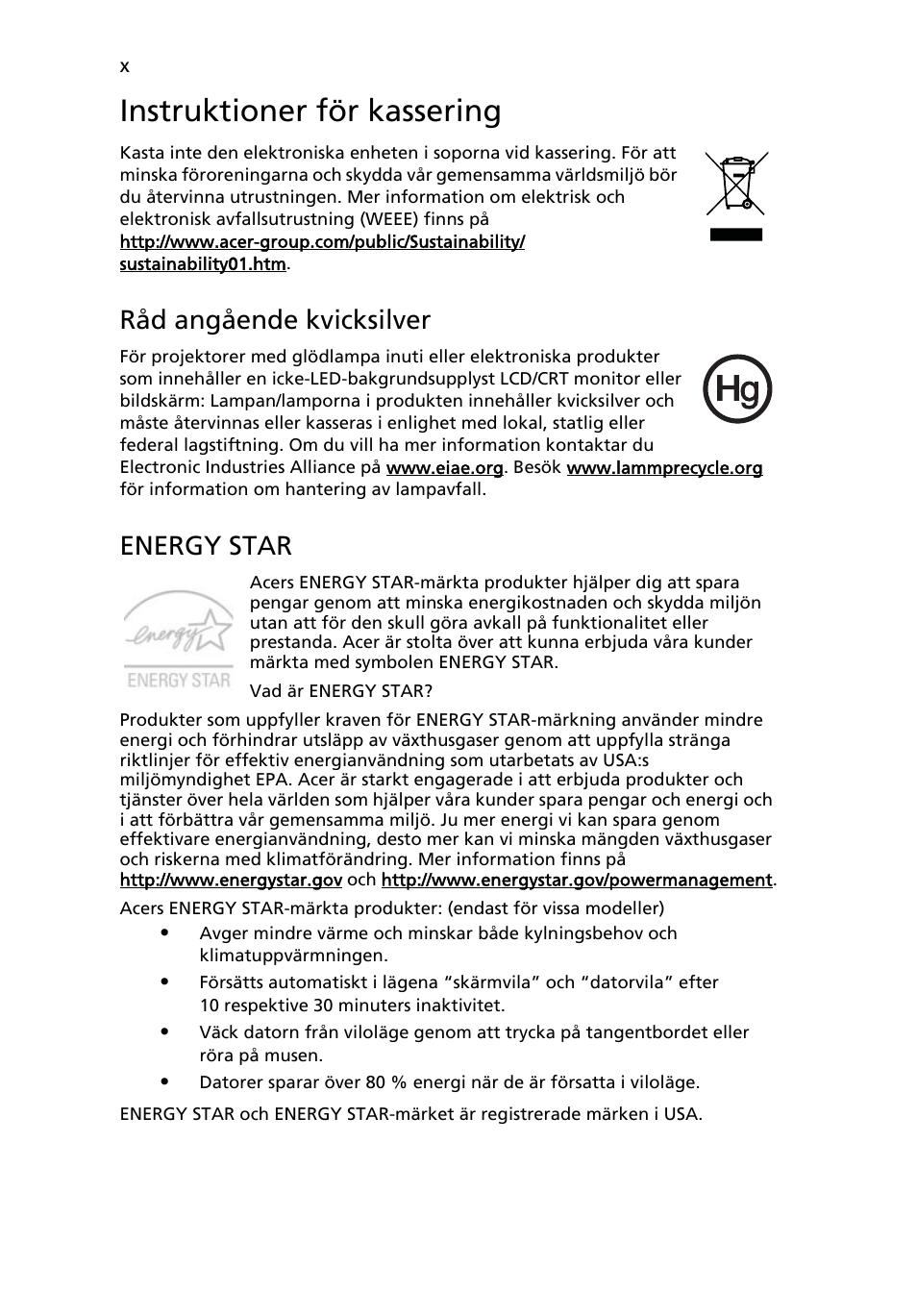 Instruktioner för kassering, Råd angående kvicksilver, Energy star | Acer Aspire 5745DG User Manual | Page 664 / 2217