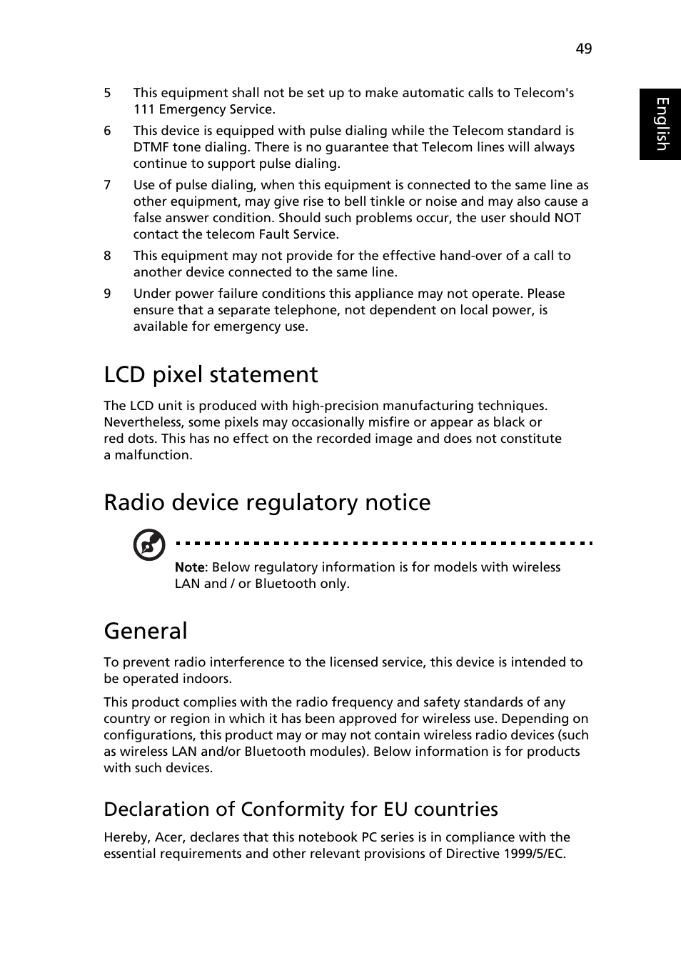 Lcd pixel statement, Radio device regulatory notice, General | Declaration of conformity for eu countries | Acer Aspire 5745DG User Manual | Page 71 / 2217