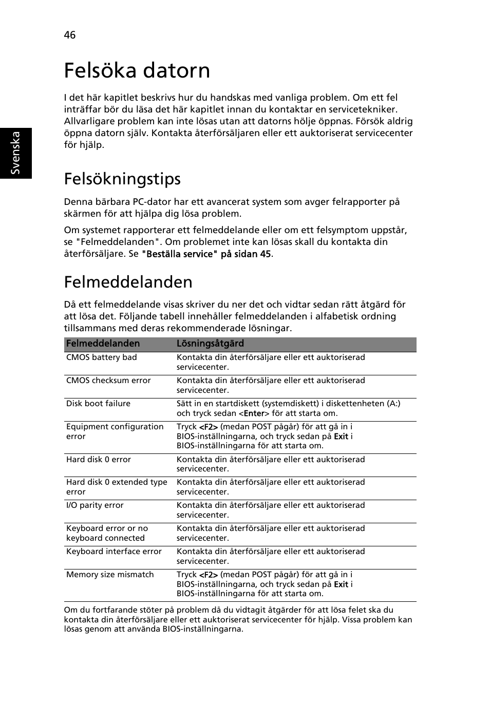 Felsöka datorn, Felsökningstips, Felmeddelanden | Sv enska | Acer Aspire 5745DG User Manual | Page 720 / 2217