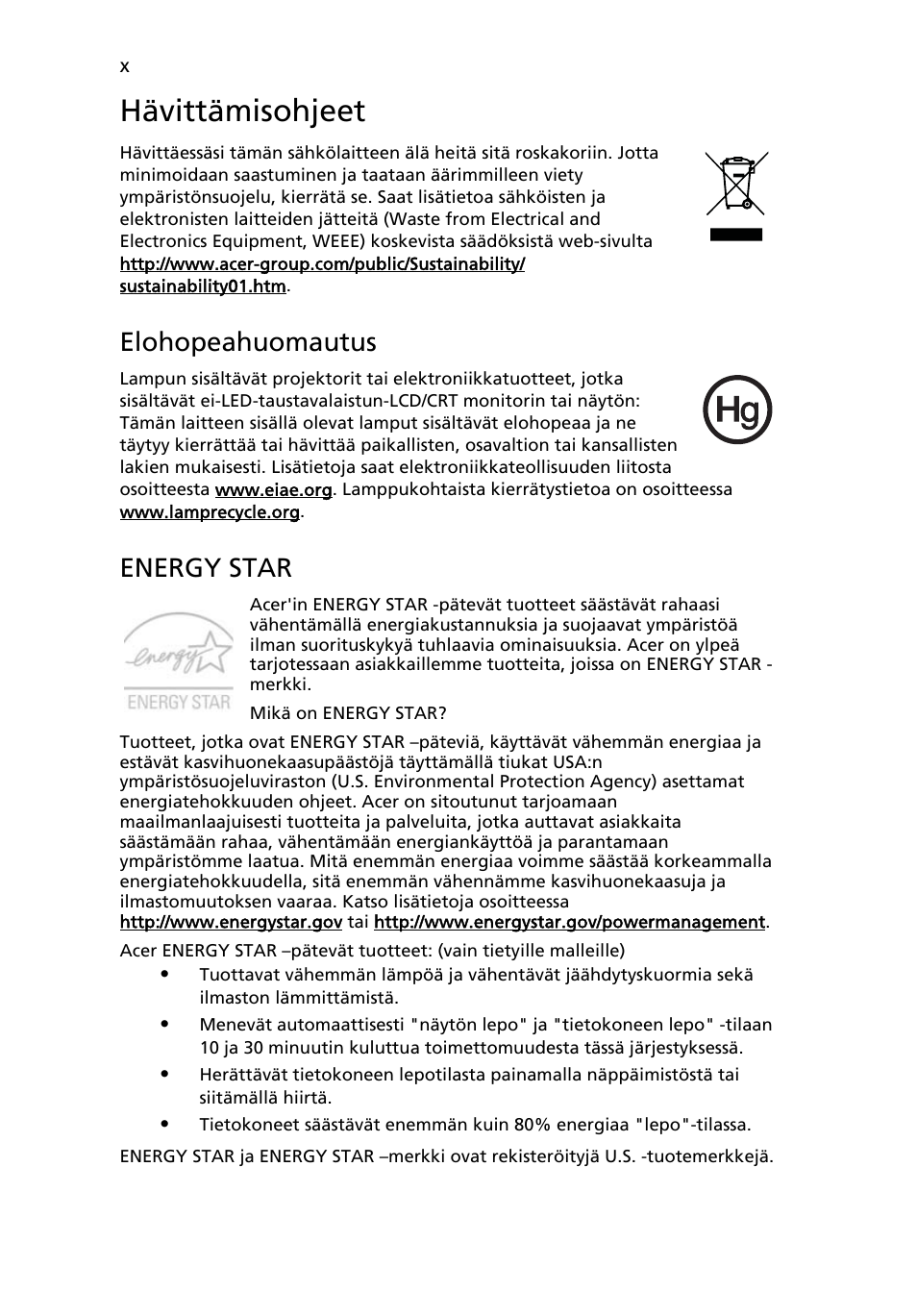 Hävittämisohjeet, Elohopeahuomautus, Energy star | Acer Aspire 5745DG User Manual | Page 734 / 2217