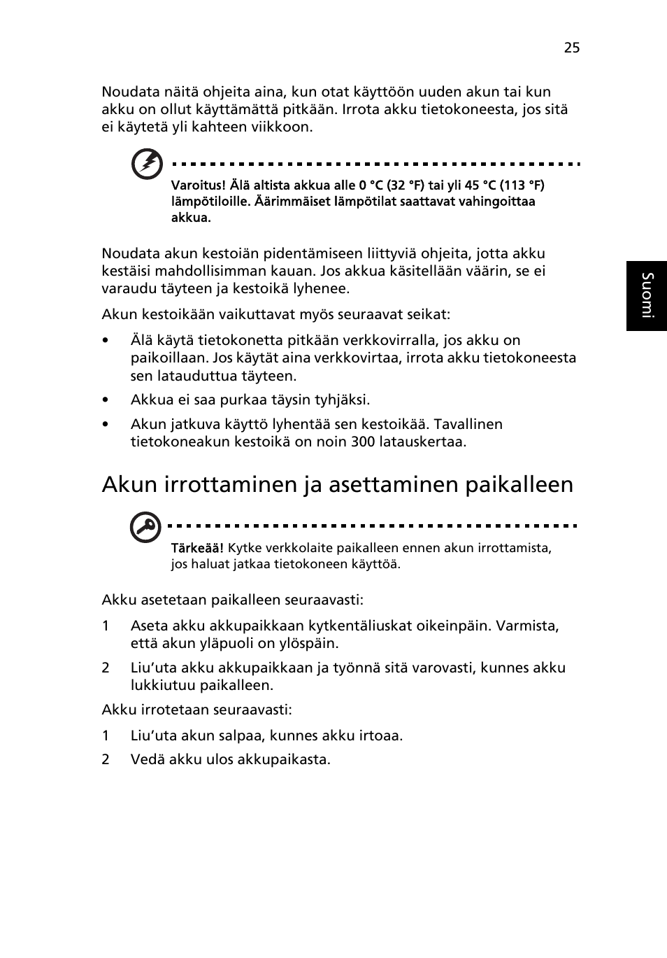Akun irrottaminen ja asettaminen paikalleen | Acer Aspire 5745DG User Manual | Page 769 / 2217