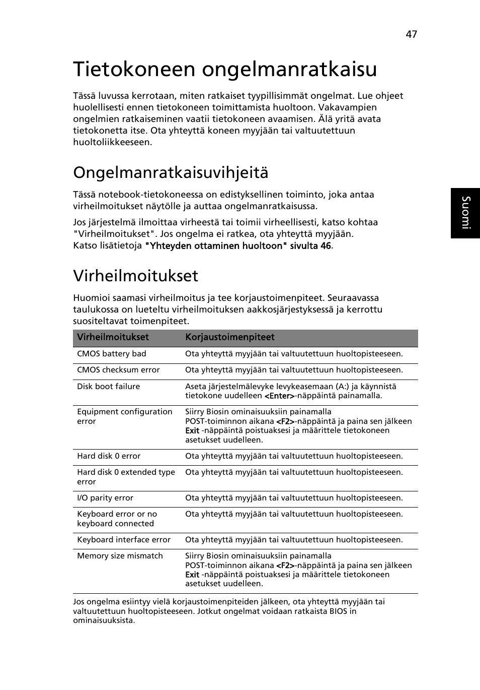 Tietokoneen ongelmanratkaisu, Ongelmanratkaisuvihjeitä, Virheilmoitukset | Eng lish su omi | Acer Aspire 5745DG User Manual | Page 791 / 2217