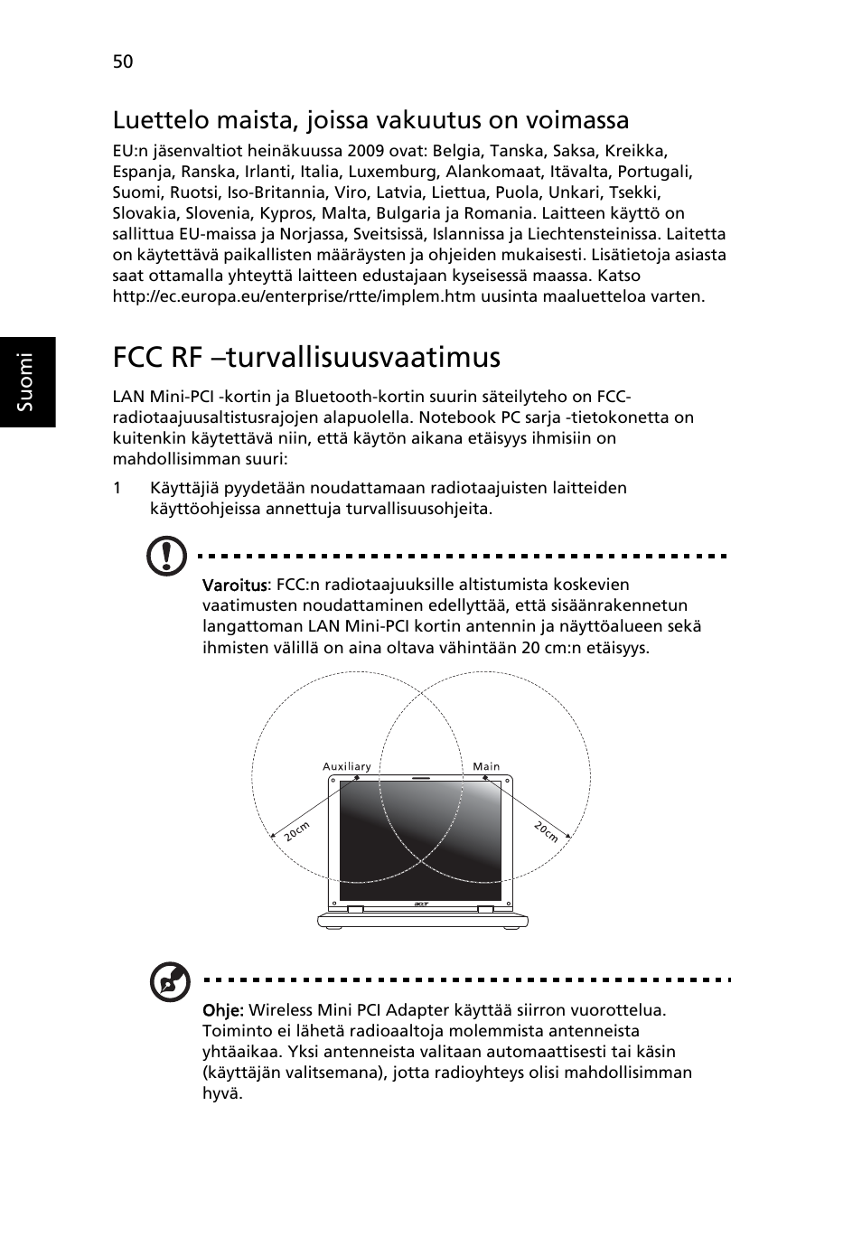 Fcc rf -turvallisuusvaatimus, Fcc rf –turvallisuusvaatimus, Luettelo maista, joissa vakuutus on voimassa | Acer Aspire 5745DG User Manual | Page 794 / 2217