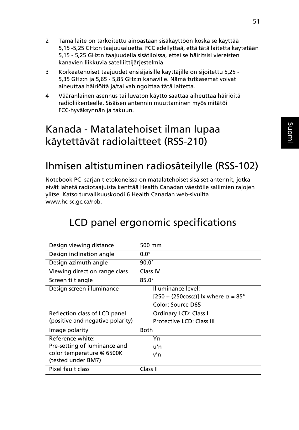 Ihmisen altistuminen radiosäteilylle (rss-102), Lcd panel ergonomic specifications | Acer Aspire 5745DG User Manual | Page 795 / 2217