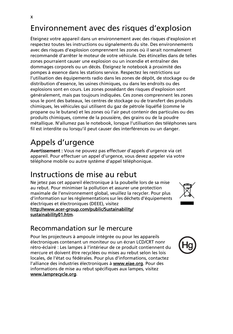 Environnement avec des risques d’explosion, Appels d’urgence, Instructions de mise au rebut | Acer Aspire 5745DG User Manual | Page 84 / 2217