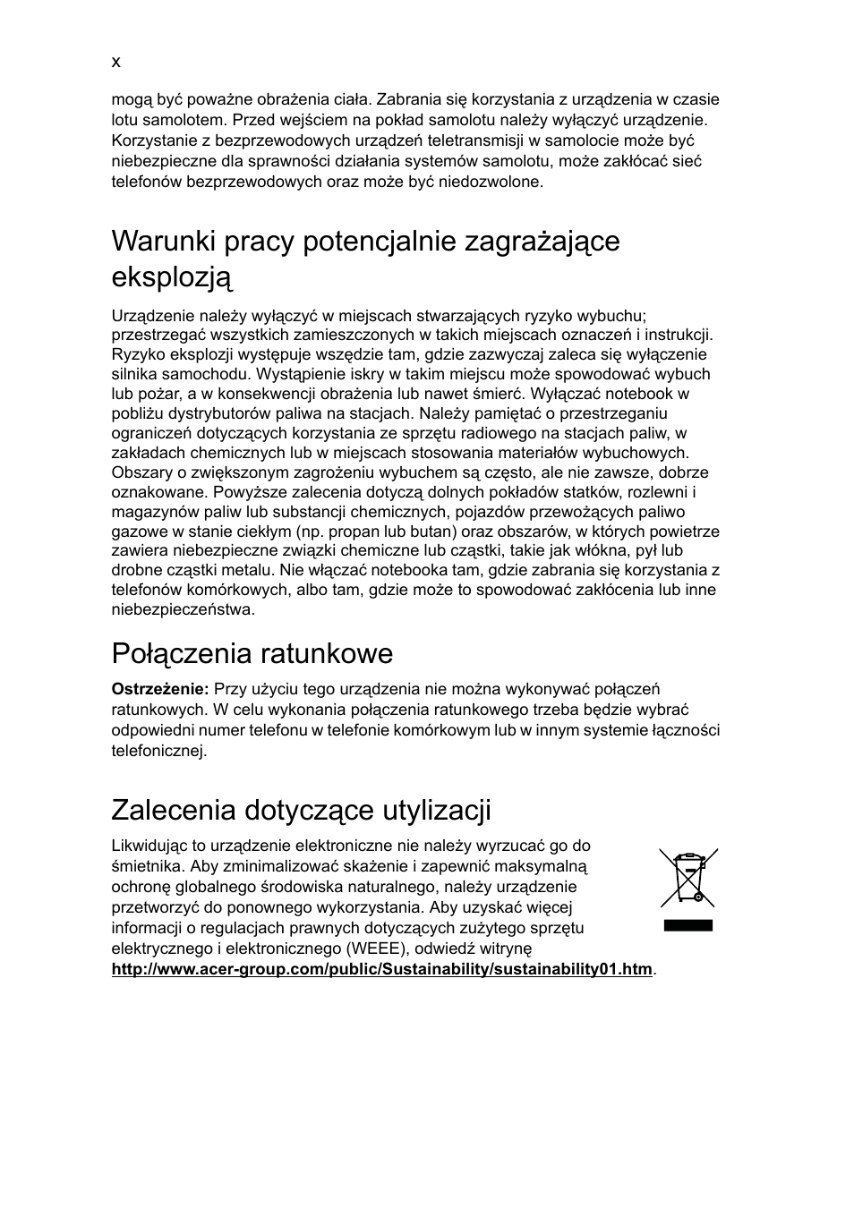 Warunki pracy potencjalnie zagrażające eksplozją, Połączenia ratunkowe, Zalecenia dotyczące utylizacji | Acer Aspire 5745DG User Manual | Page 880 / 2217