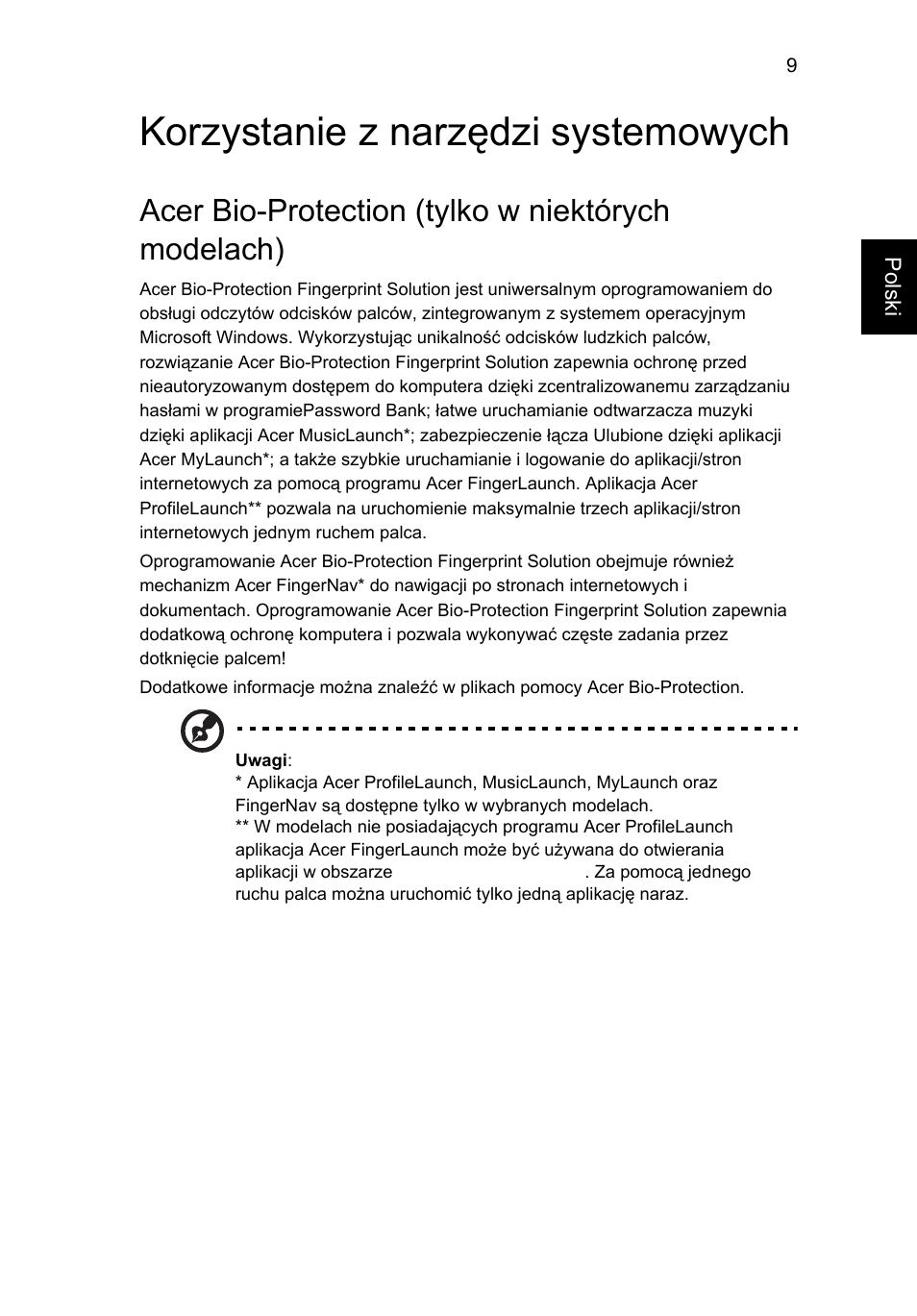 Korzystanie z narzędzi systemowych, Acer bio-protection (tylko w niektórych modelach) | Acer Aspire 5745DG User Manual | Page 899 / 2217