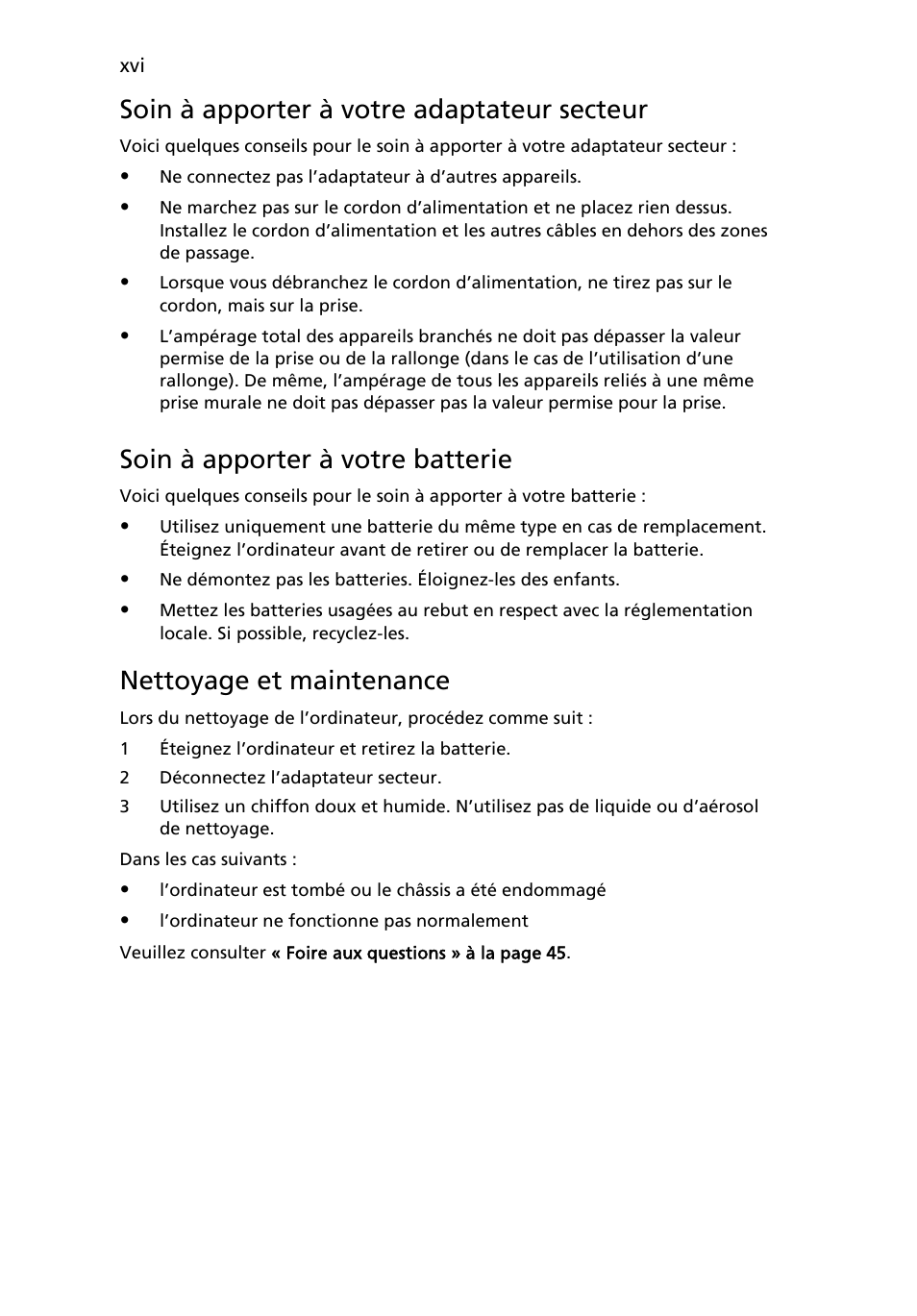 Soin à apporter à votre adaptateur secteur, Soin à apporter à votre batterie, Nettoyage et maintenance | Acer Aspire 5745DG User Manual | Page 90 / 2217