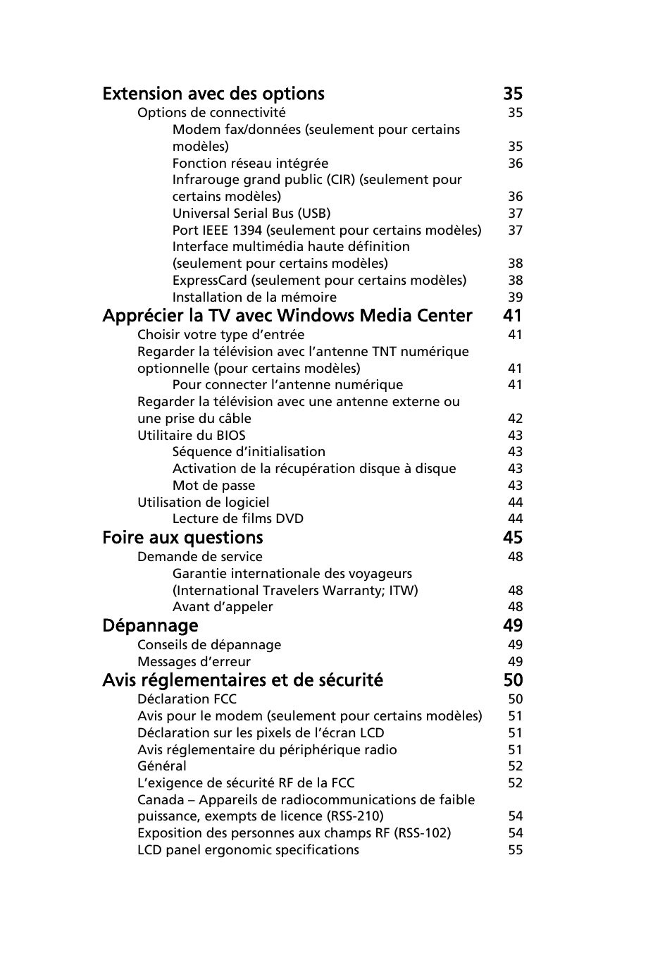 Extension avec des options 35, Apprécier la tv avec windows media center 41, Foire aux questions 45 | Dépannage 49, Avis réglementaires et de sécurité 50 | Acer Aspire 5745DG User Manual | Page 93 / 2217