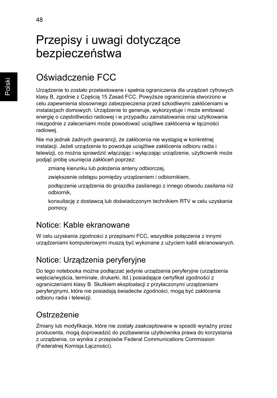 Przepisy i uwagi dotyczące bezpieczeństwa, Oświadczenie fcc, Notice: kable ekranowane | Notice: urządzenia peryferyjne, Ostrzeżenie | Acer Aspire 5745DG User Manual | Page 938 / 2217