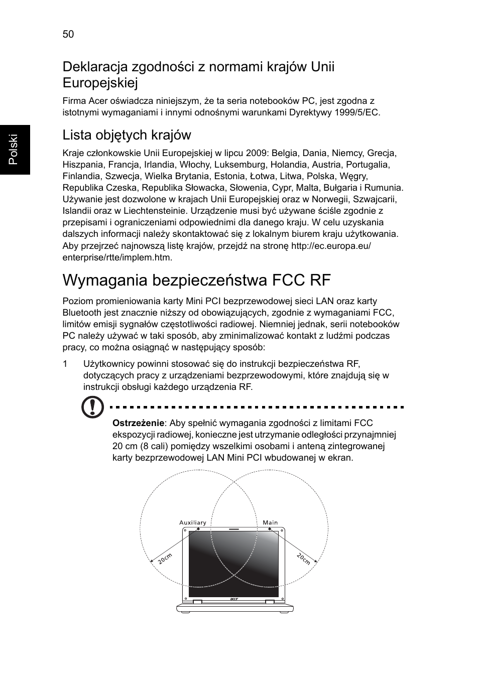 Wymagania bezpieczeństwa fcc rf, Lista objętych krajów | Acer Aspire 5745DG User Manual | Page 940 / 2217