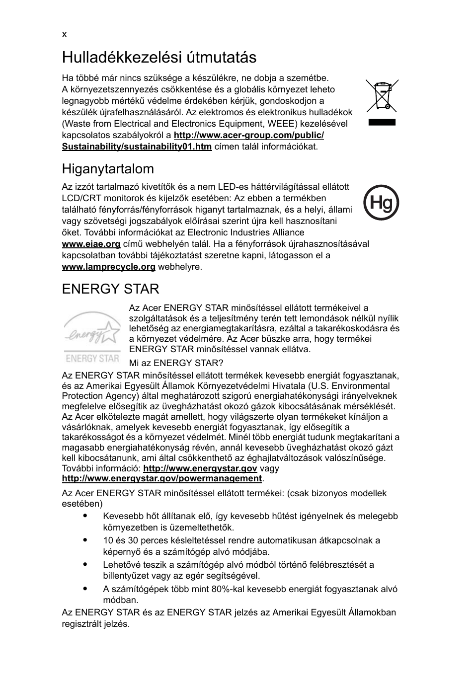 Hulladékkezelési útmutatás, Higanytartalom, Energy star | Acer Aspire 5745DG User Manual | Page 952 / 2217