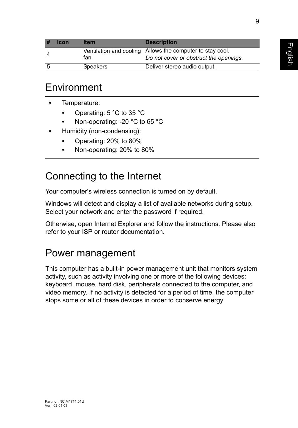 Environment, Connecting to the internet, Power management | Environment connecting to the internet | Acer Aspire V5-471G User Manual | Page 11 / 306