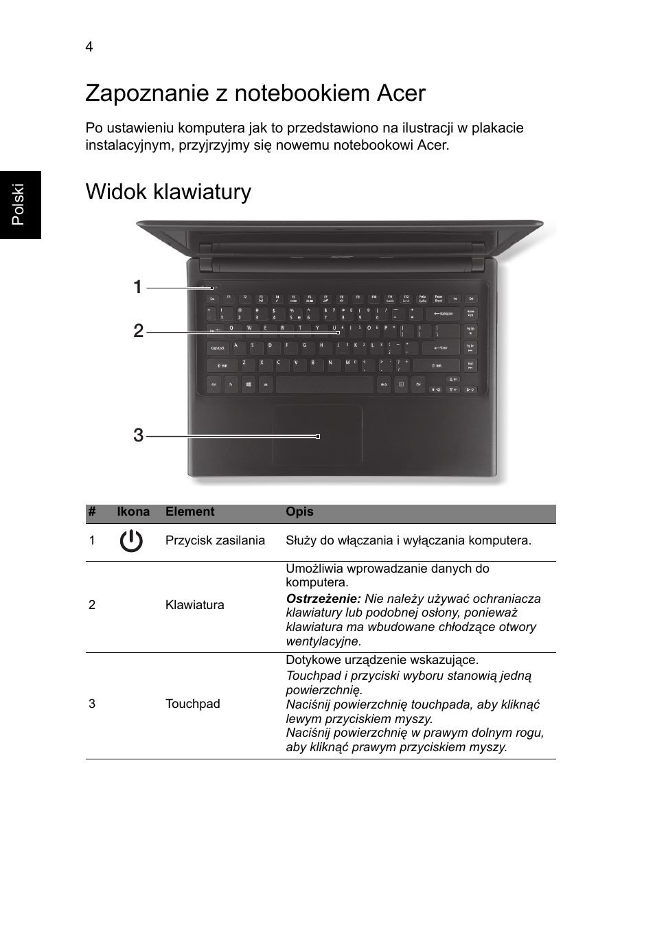 Zapoznanie z notebookiem acer, Widok klawiatury | Acer Aspire V5-471G User Manual | Page 130 / 306