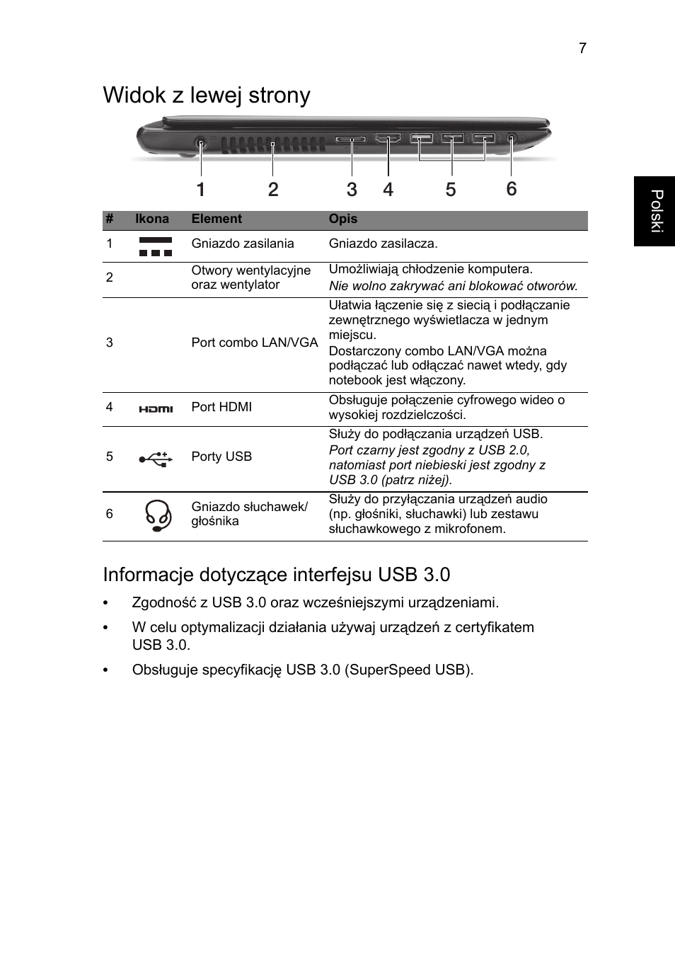 Widok z lewej strony, Informacje dotyczące interfejsu usb 3.0 | Acer Aspire V5-471G User Manual | Page 133 / 306