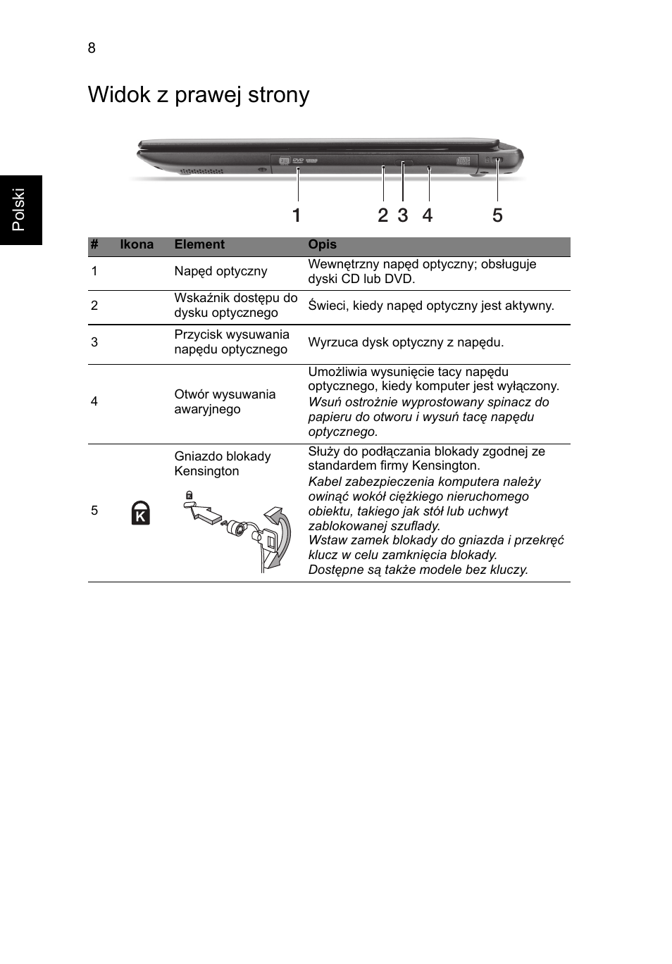 Widok z prawej strony | Acer Aspire V5-471G User Manual | Page 134 / 306