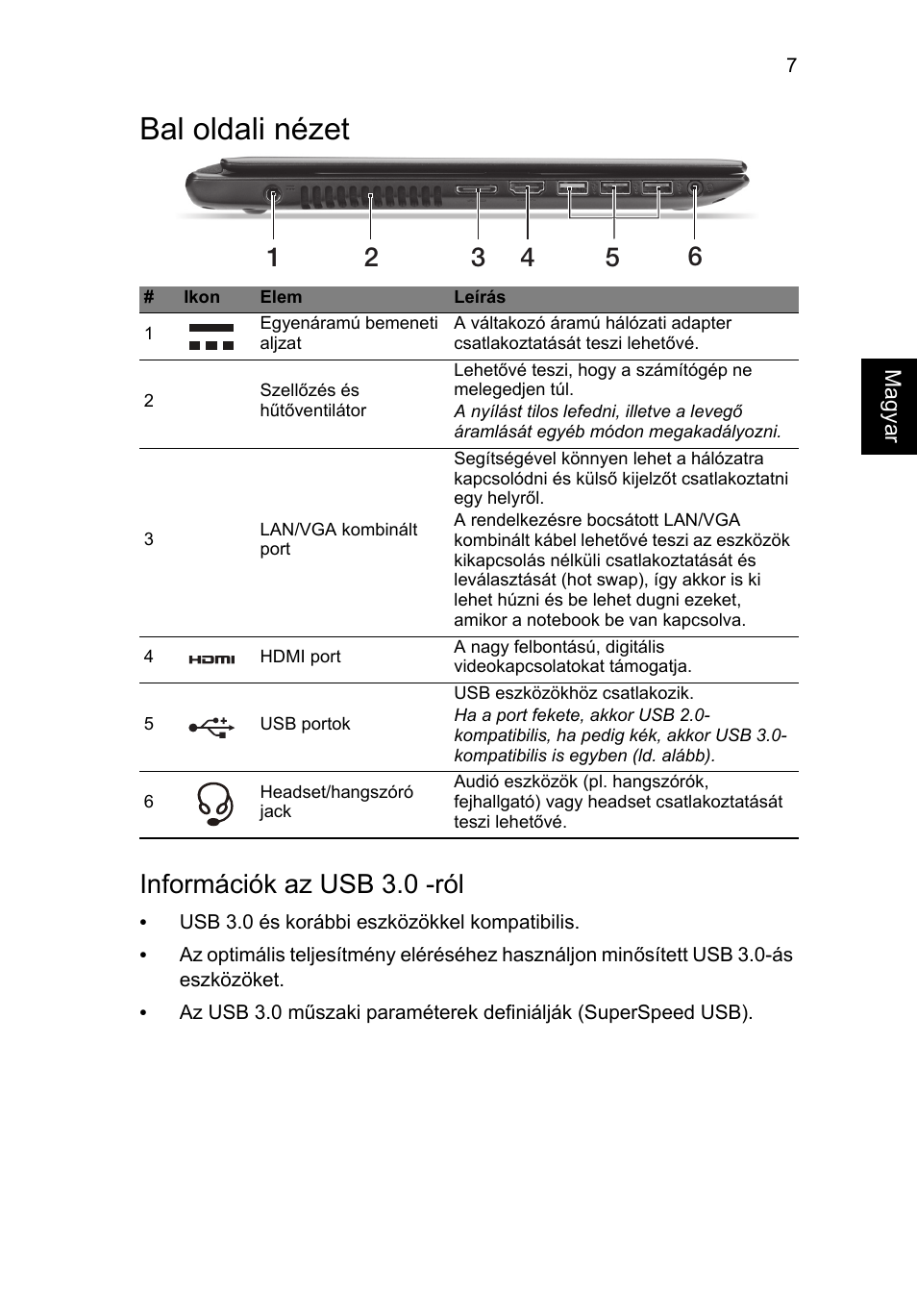 Bal oldali nézet, Információk az usb 3.0 -ról | Acer Aspire V5-471G User Manual | Page 143 / 306