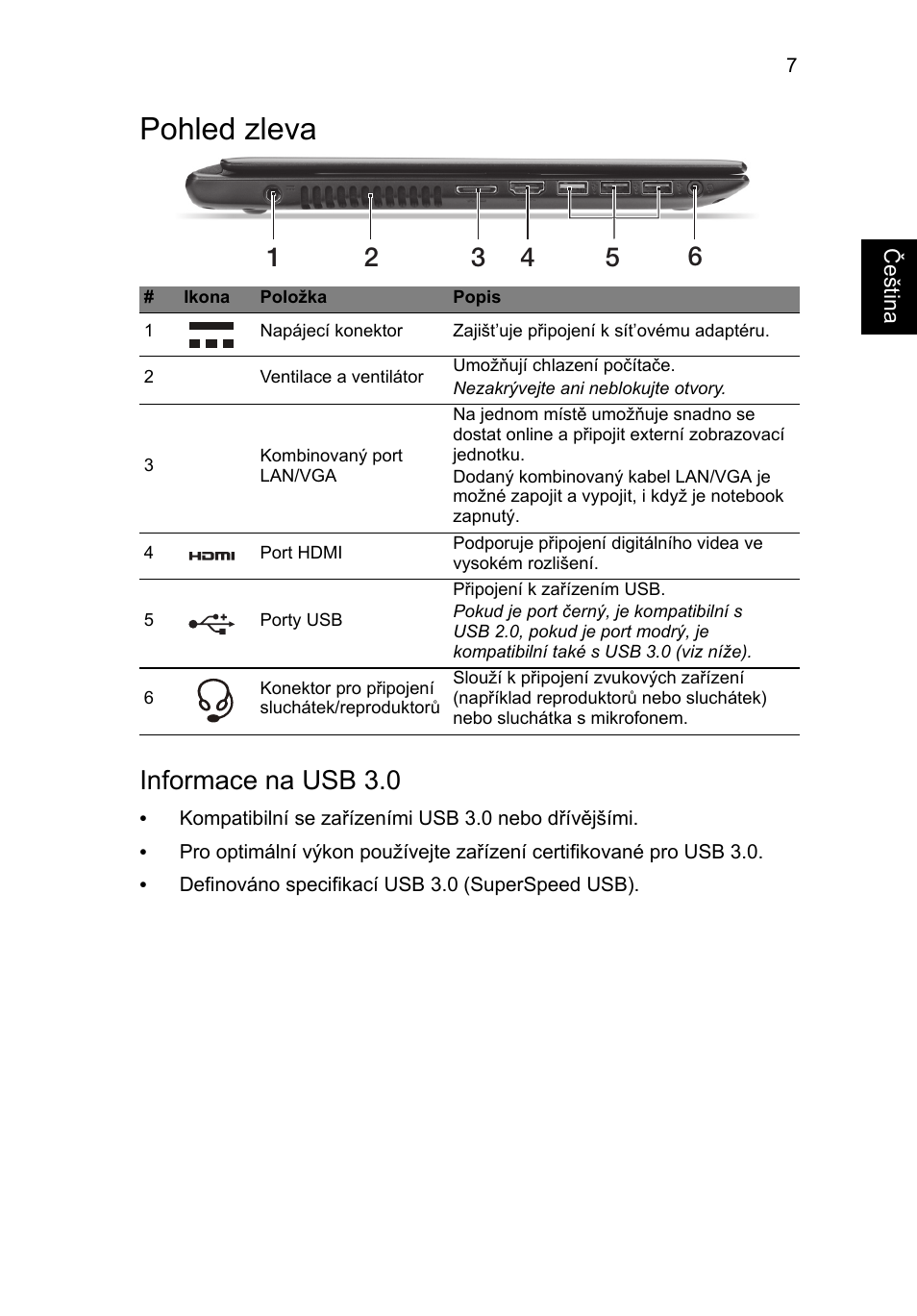 Pohled zleva, Informace na usb 3.0 | Acer Aspire V5-471G User Manual | Page 153 / 306