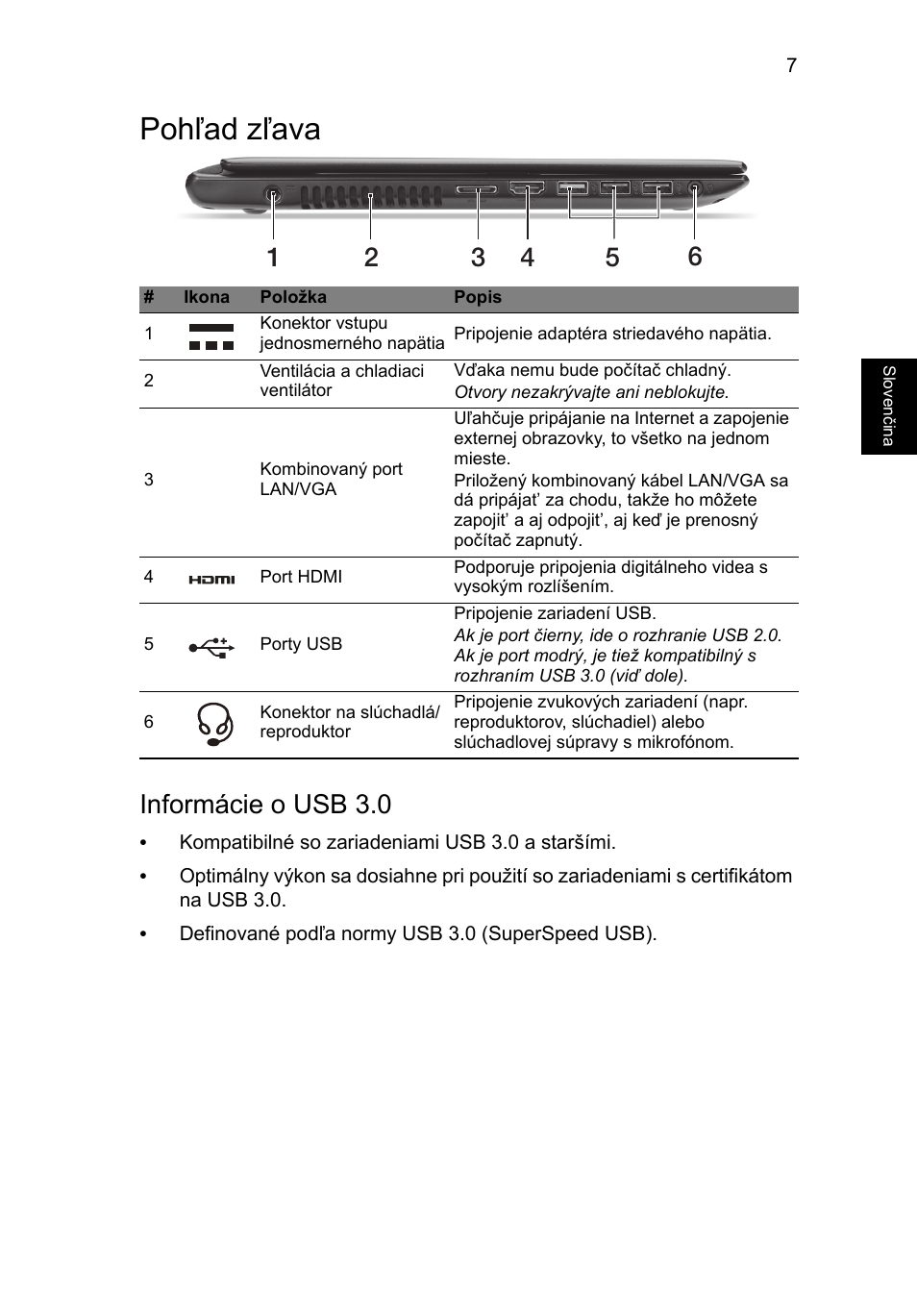 Pohľad zľava, Informácie o usb 3.0 | Acer Aspire V5-471G User Manual | Page 163 / 306