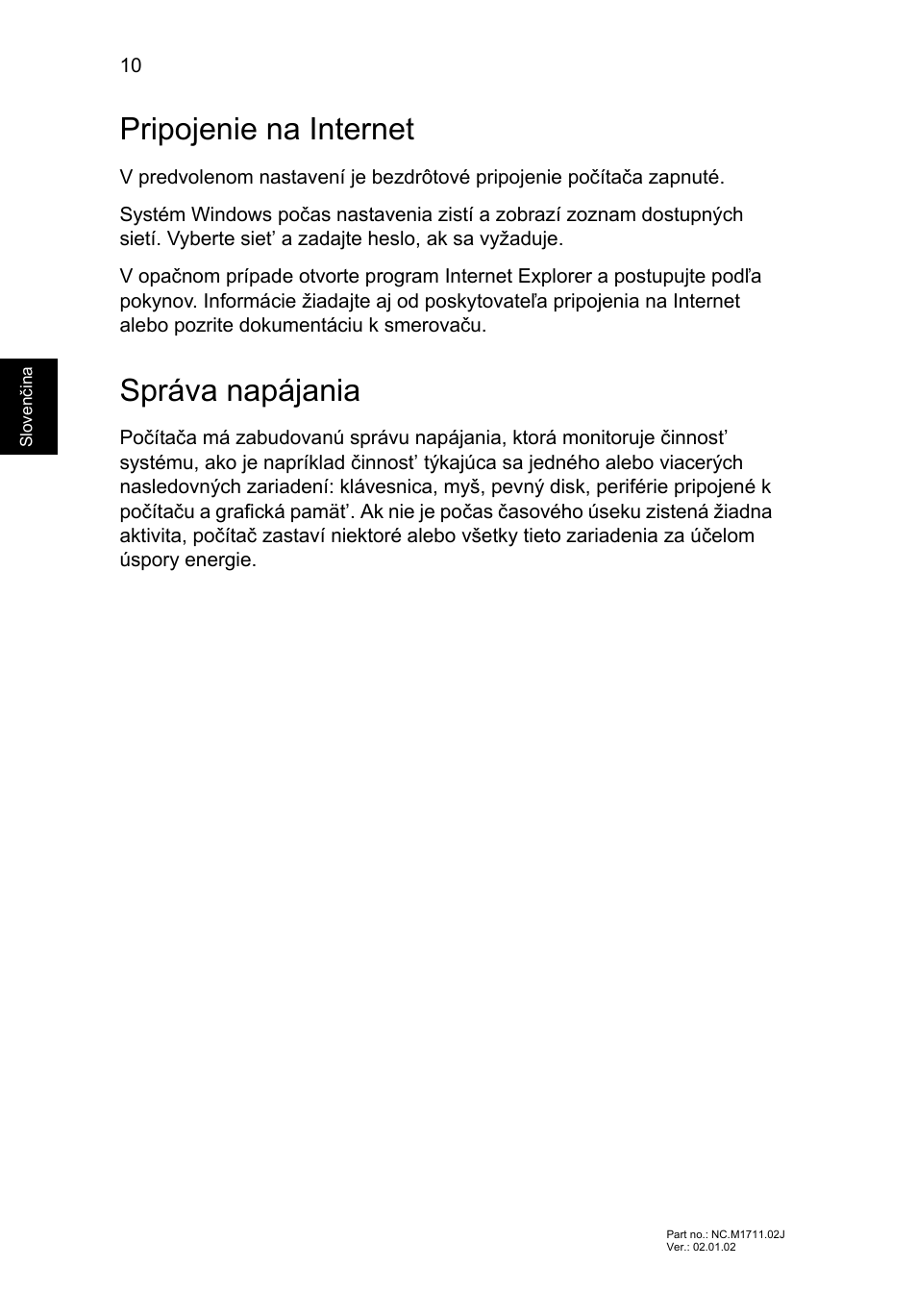 Pripojenie na internet, Správa napájania | Acer Aspire V5-471G User Manual | Page 166 / 306