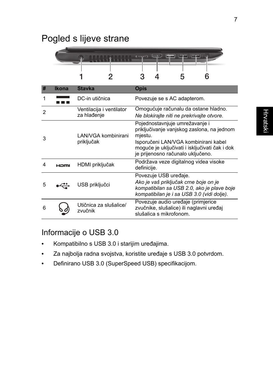 Pogled s lijeve strane, Informacije o usb 3.0 | Acer Aspire V5-471G User Manual | Page 183 / 306