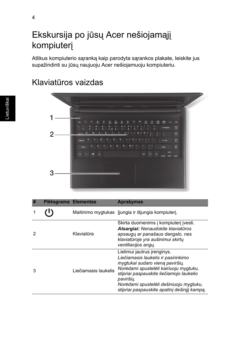 Ekskursija po jūsų acer nešiojamąjį kompiuterį, Klaviatūros vaizdas | Acer Aspire V5-471G User Manual | Page 230 / 306
