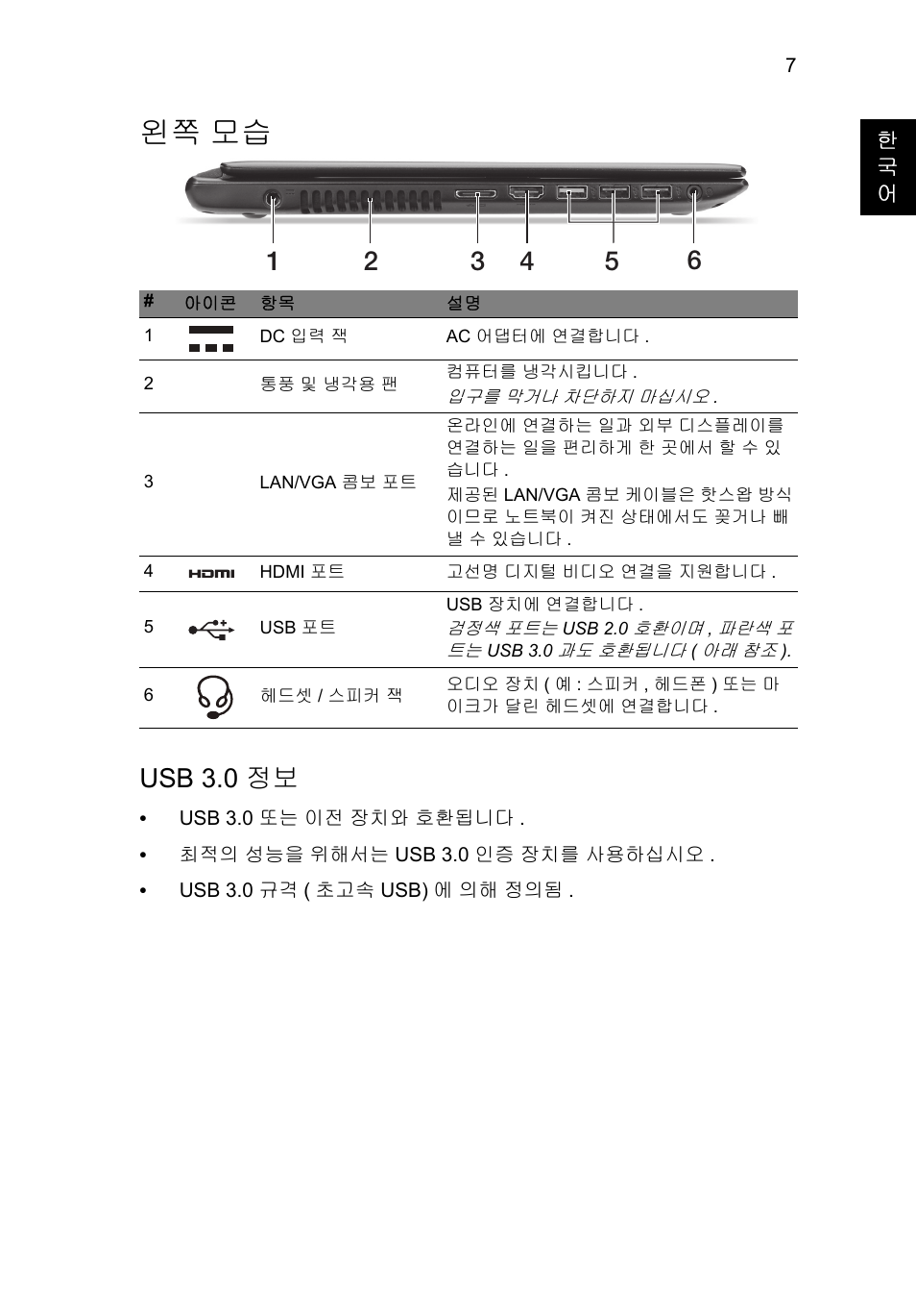 왼쪽 모습, Usb 3.0 정보 | Acer Aspire V5-471G User Manual | Page 263 / 306