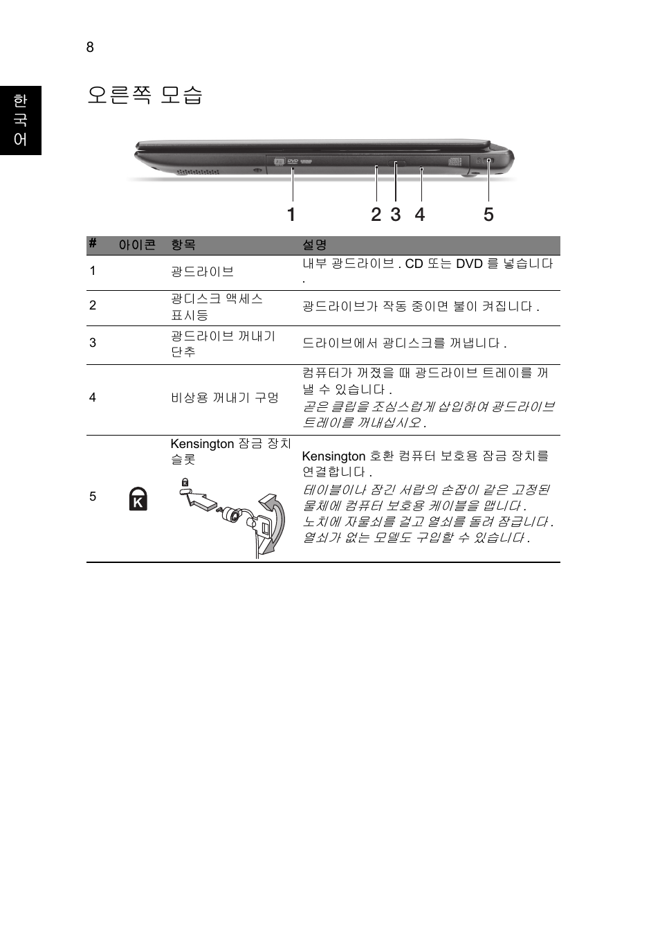 오른쪽 모습 | Acer Aspire V5-471G User Manual | Page 264 / 306