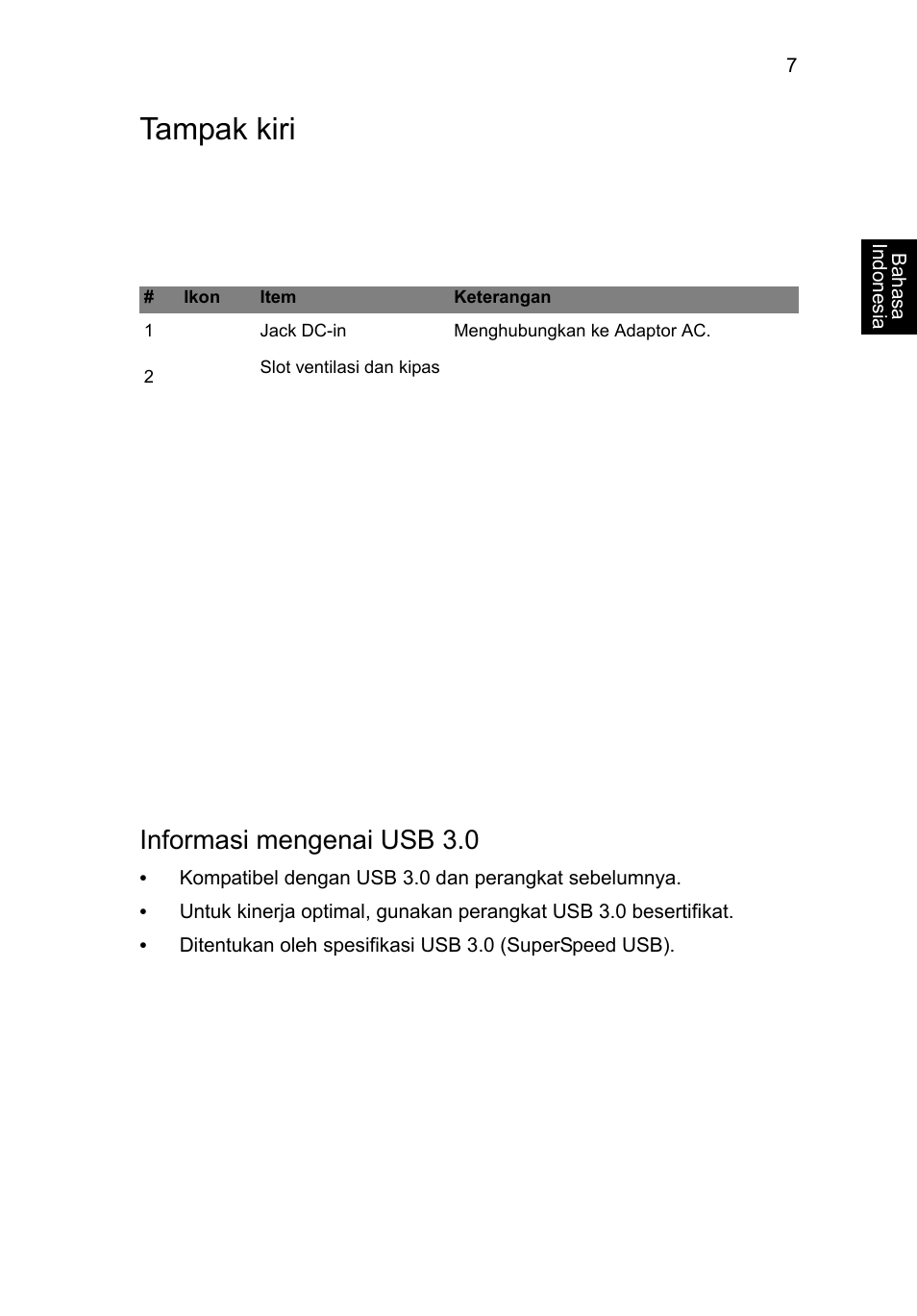 Tampak kiri, Informasi mengenai usb 3.0 | Acer Aspire V5-471G User Manual | Page 293 / 306