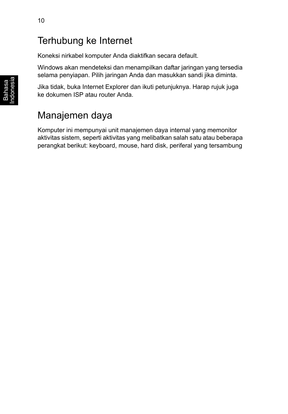 Terhubung ke internet, Manajemen daya | Acer Aspire V5-471G User Manual | Page 296 / 306
