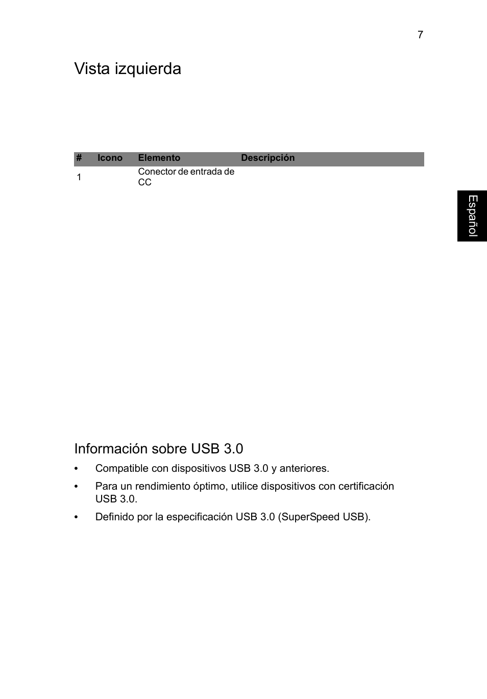 Vista izquierda, Información sobre usb 3.0 | Acer Aspire V5-471G User Manual | Page 49 / 306