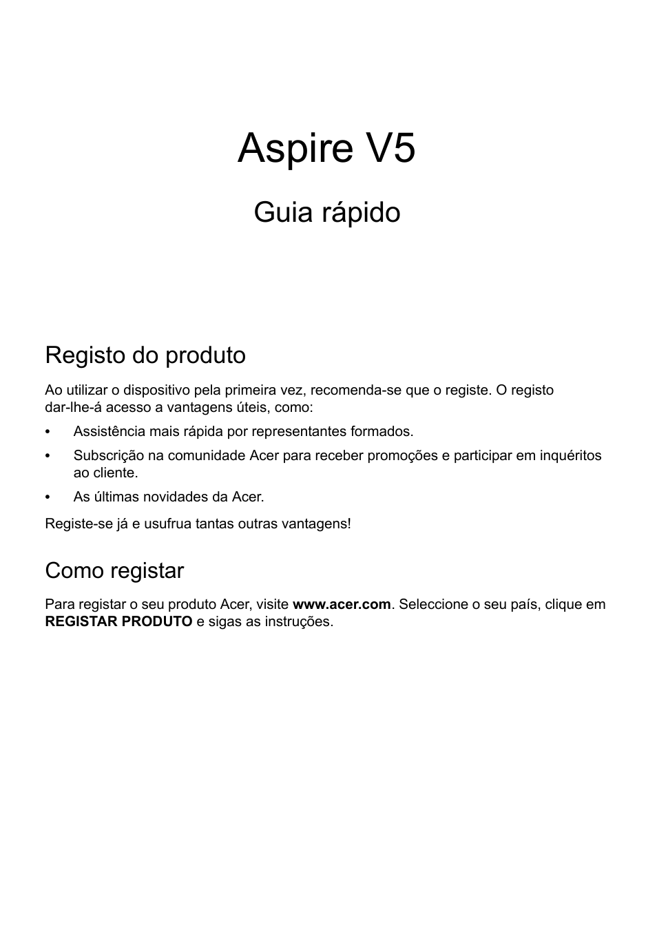 Português, Registo do produto, Como registar | Obter acessórios acer, Aspire v5, Guia rápido | Acer Aspire V5-471G User Manual | Page 57 / 306