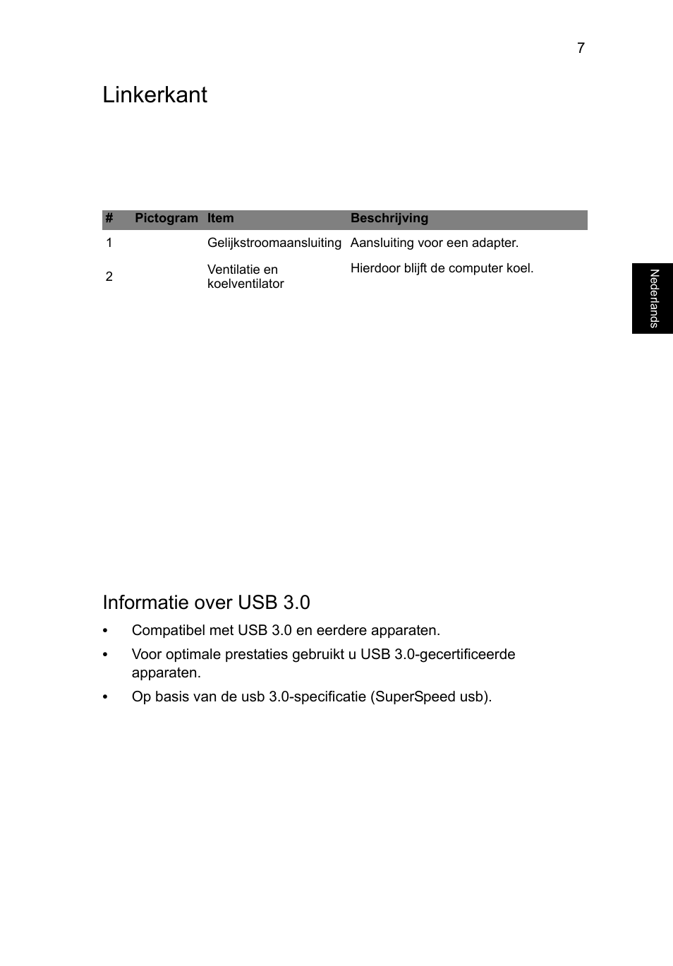 Linkerkant, Informatie over usb 3.0 | Acer Aspire V5-471G User Manual | Page 73 / 306