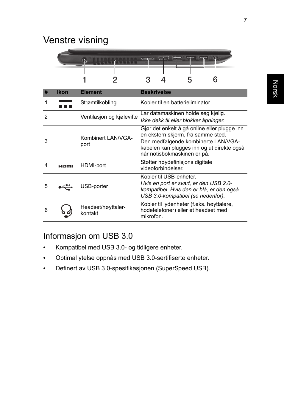Venstre visning, Informasjon om usb 3.0 | Acer Aspire V5-471G User Manual | Page 83 / 306