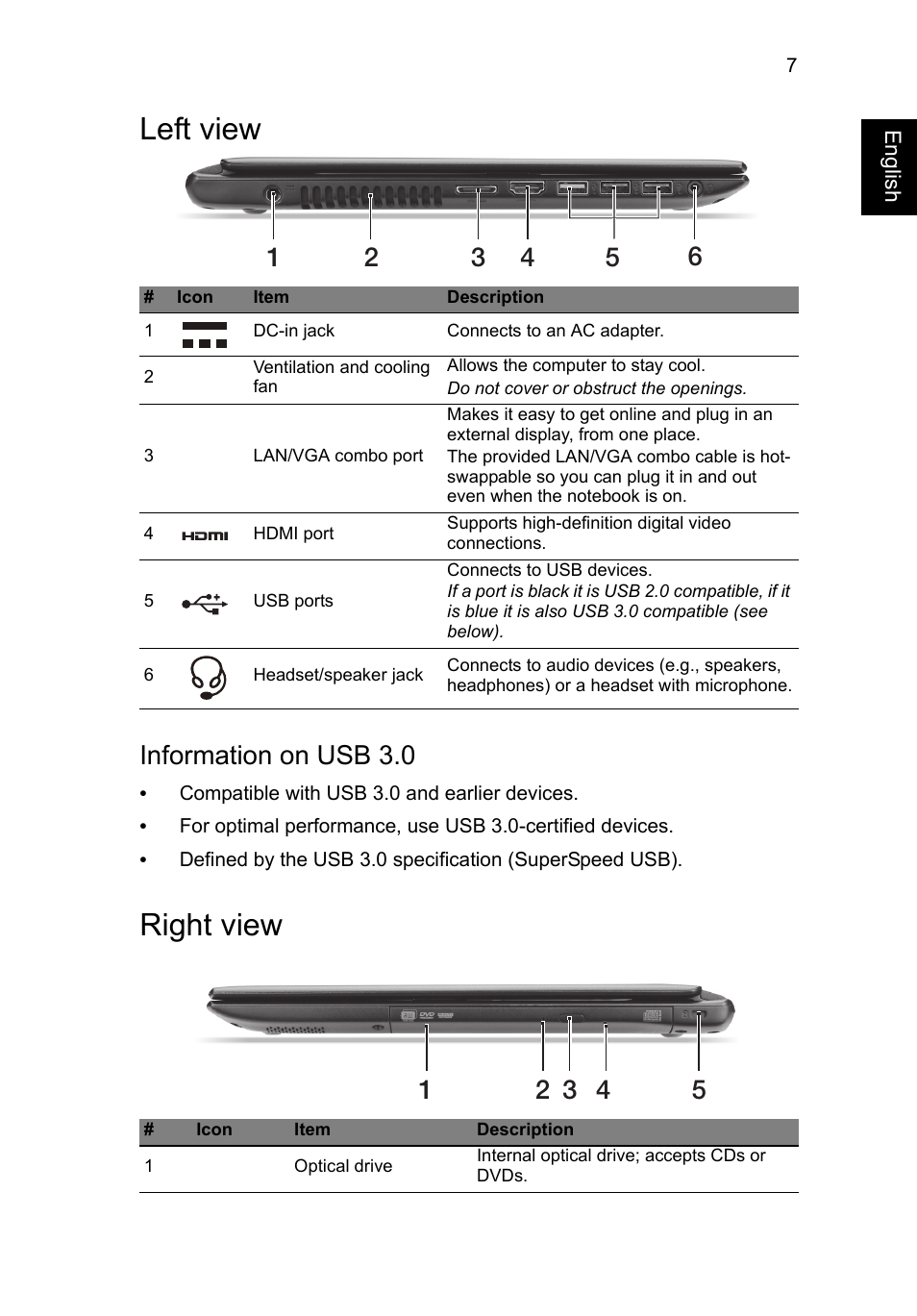 Left view, Right view, Information on usb 3.0 | Acer Aspire V5-471G User Manual | Page 9 / 306