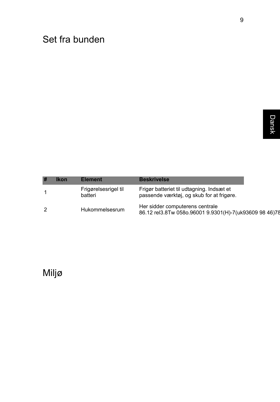Set fra bunden, Miljø, Set fra bunden miljø | Acer Aspire V5-471G User Manual | Page 95 / 306