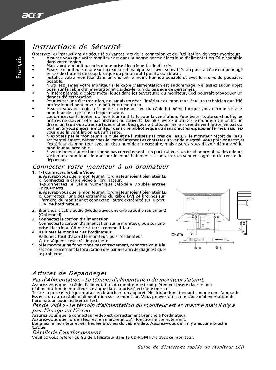 Instructions de sécurité, Connecter votre moniteur à un ordinateur, Astuces de dépannages | Détails de fonctionnement | Acer G195WL User Manual | Page 10 / 56
