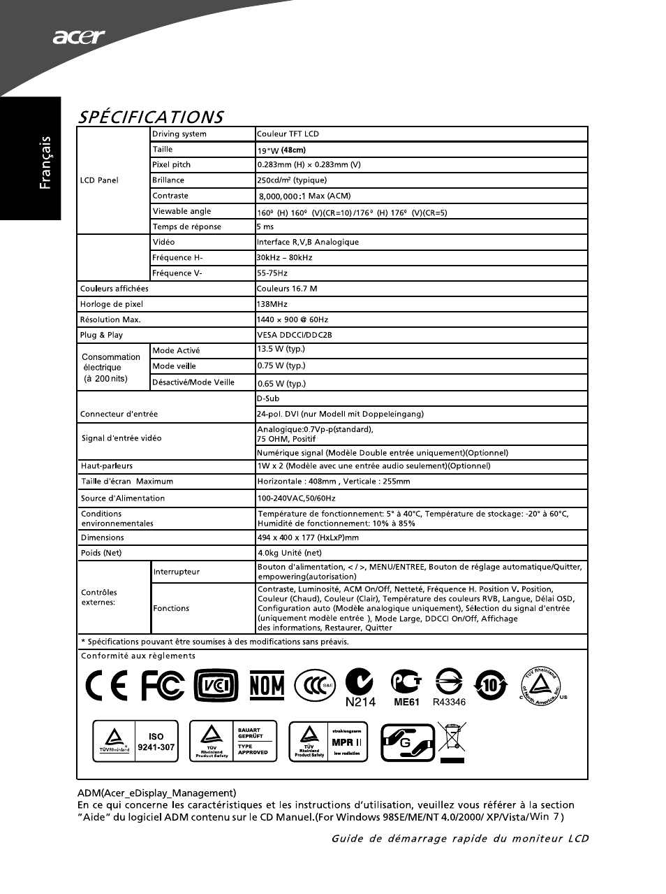 Specifica no n s, C € f, N o m | Acer G195WL User Manual | Page 12 / 56