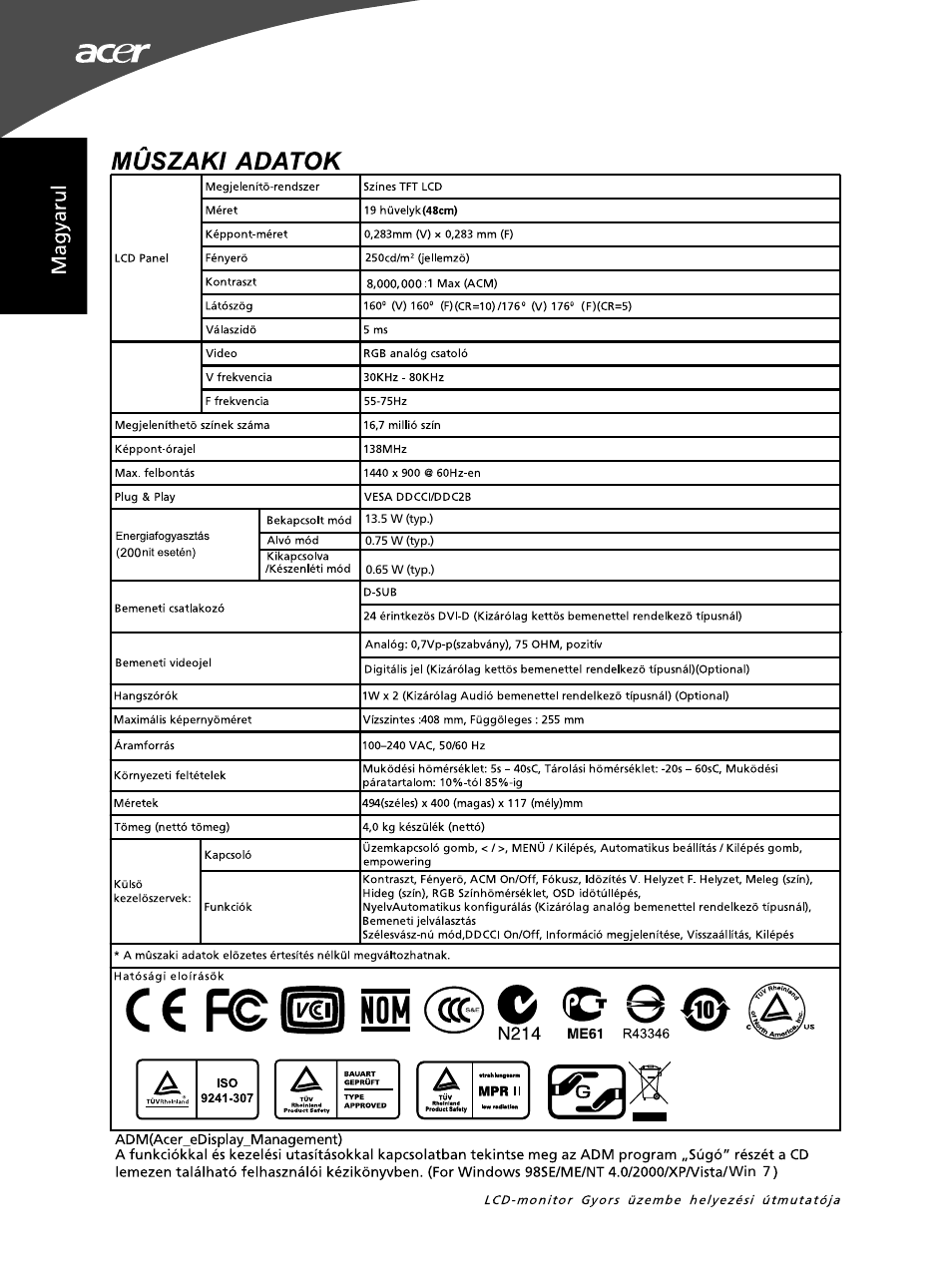 Muszaki adatok, C€ feosilm | Acer G195WL User Manual | Page 14 / 56