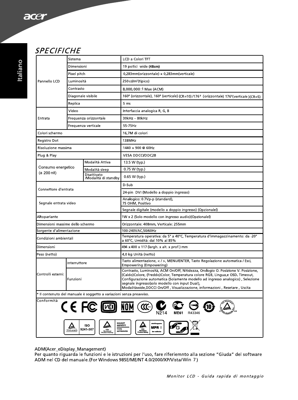 Specifiche, C € f© nom @ o c | Acer G195WL User Manual | Page 16 / 56