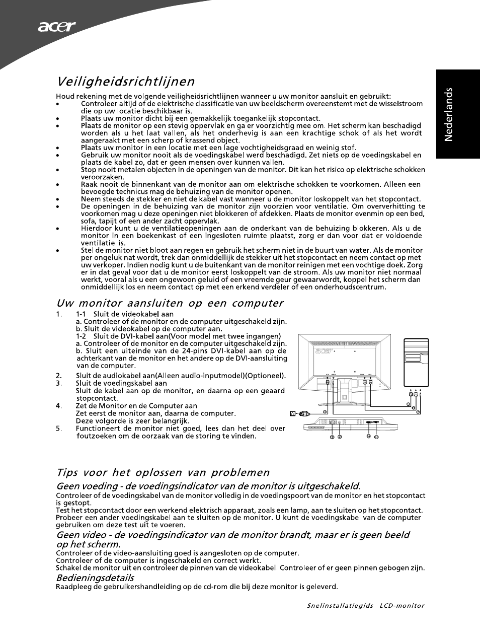 Veiugh e ids rich tiijn en, Uw monitor aansluiten op een computer, Tips voor het opiossen van probiemen | Bedieningsdetaiis | Acer G195WL User Manual | Page 17 / 56