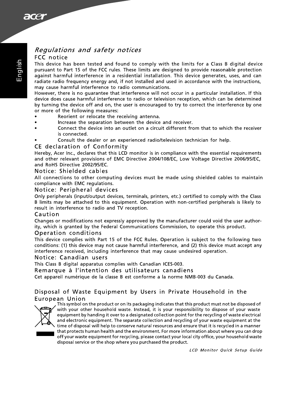 Regulations and safety notices fcc notice, Regulations and safety notices, Fcc notice | Ce declaration of conformity, Notice: shielded cables, Notice: peripheral devices, Caution, Operation conditions, Notice: canadian users, Remarque à l'intention des utilisateurs canadiens | Acer G195WL User Manual | Page 2 / 56