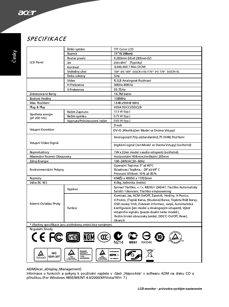 Specifikace, F f 01 »oh (& 3, N214 | Acer G195WL User Manual | Page 28 / 56