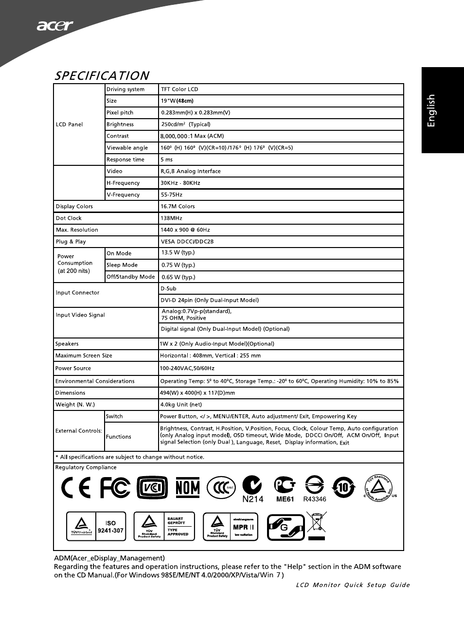 Specifica t!on, Ccfe®n!!m(©o | Acer G195WL User Manual | Page 3 / 56