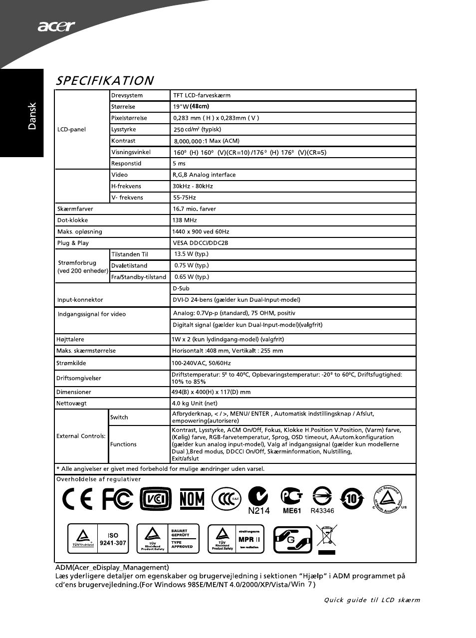 Specifika tion, C € f© @1nom, N214 | Acer G195WL User Manual | Page 34 / 56