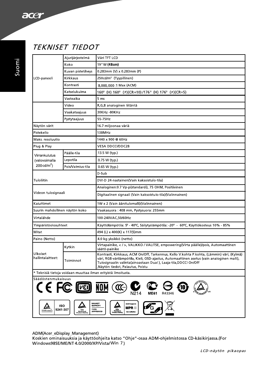 Tekniset t!e dot, Nom c e | Acer G195WL User Manual | Page 36 / 56