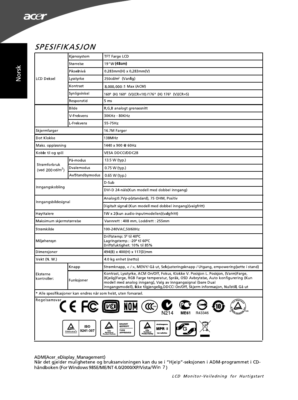 Spesifikasjon, C e p© 13 nom c 8 0, N214 | Acer G195WL User Manual | Page 38 / 56
