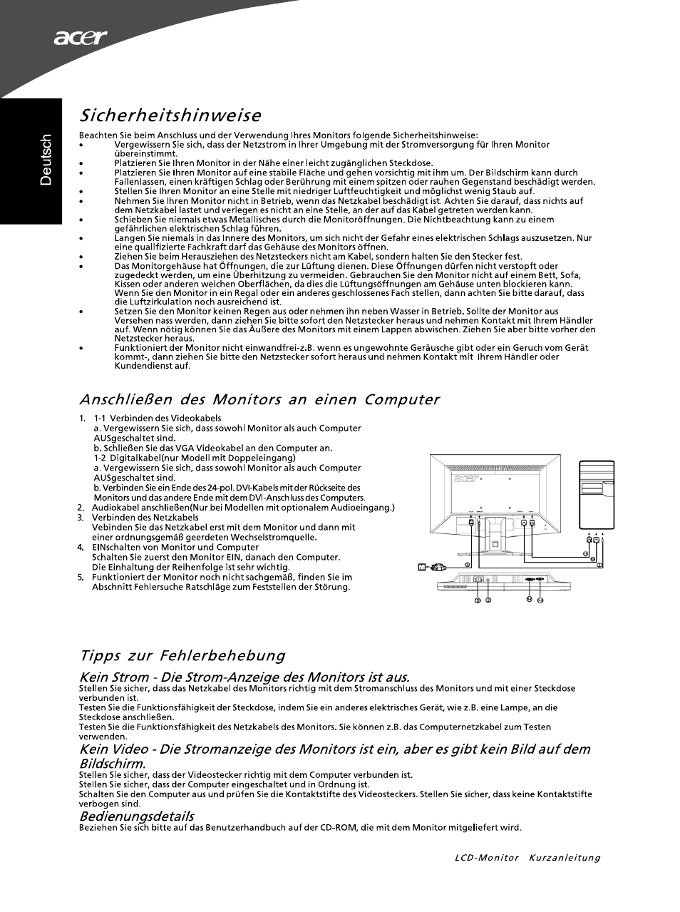 Sicherheitshin weise, Anschließen des monitors an einen computer, Tipps zur fehierbehebung | Bedienungsdetails | Acer G195WL User Manual | Page 4 / 56