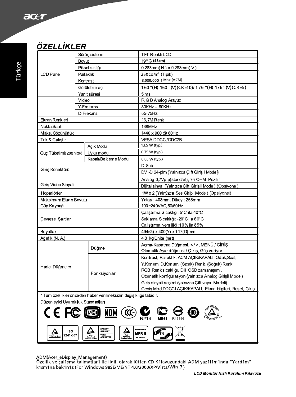 Ozelukler, C € f© o nom (® © © 0 | Acer G195WL User Manual | Page 40 / 56